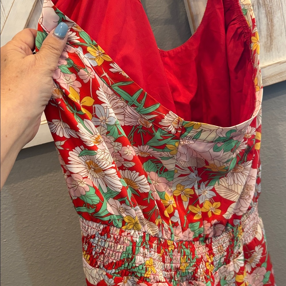 Pretty garden Floral Red Sleeveless Dress halter fun summer colors ptp 19 - Picture 5 of 5